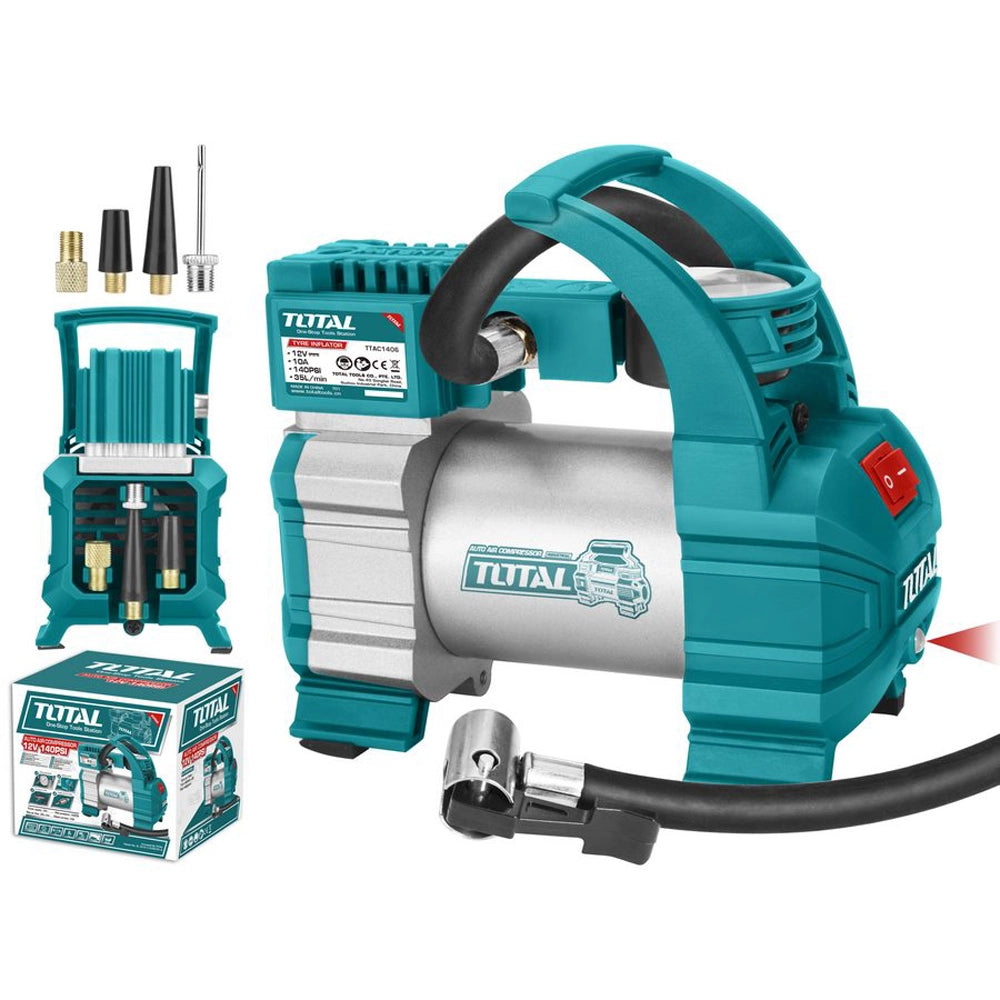 MINI COMPRESSORE ARIA PORTATILE AUTO 12V GONFIATORE RUOTE 140PSI TOTAL TOTTTAC1406