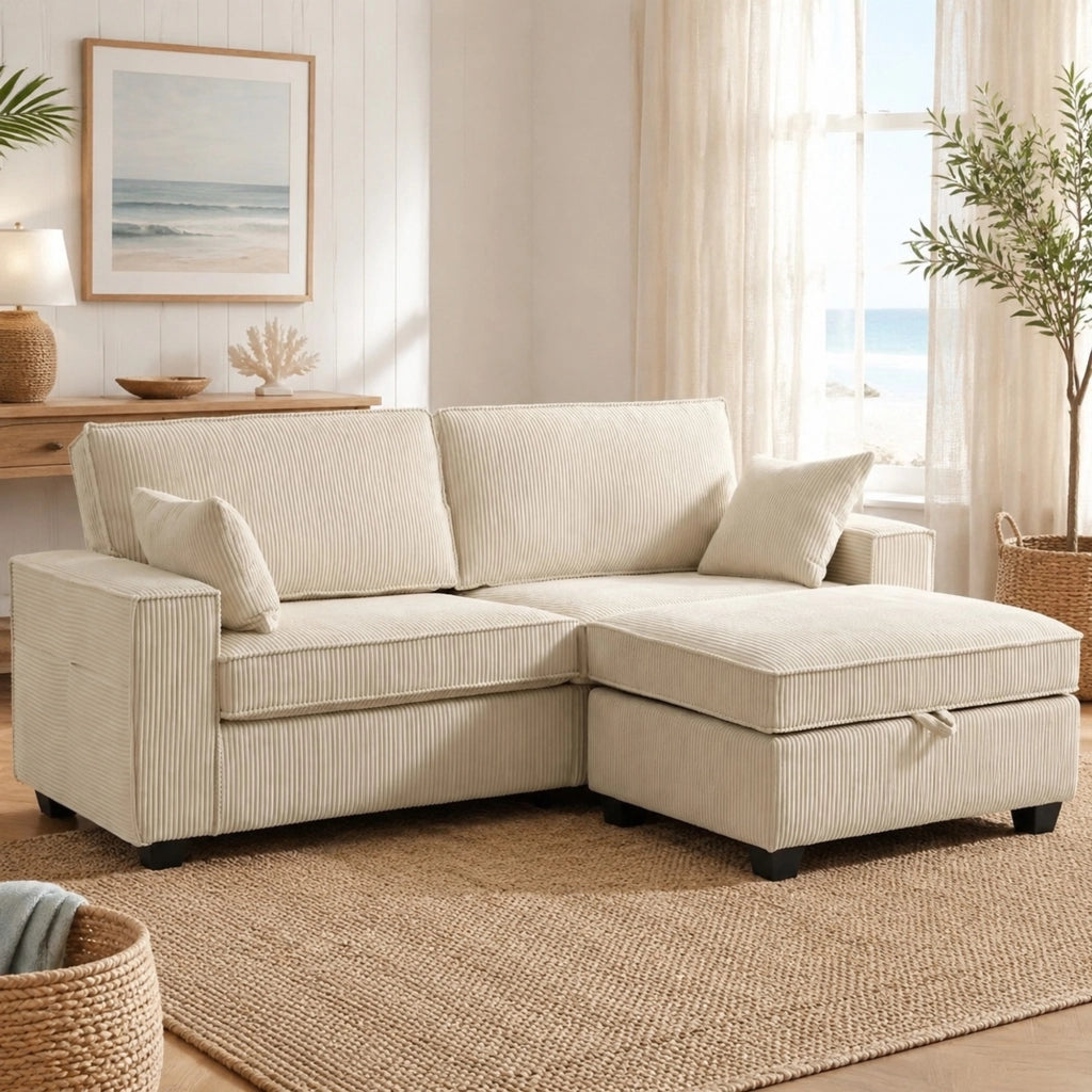 Divano modulare 3 posti con pouf contenitore in cord beige