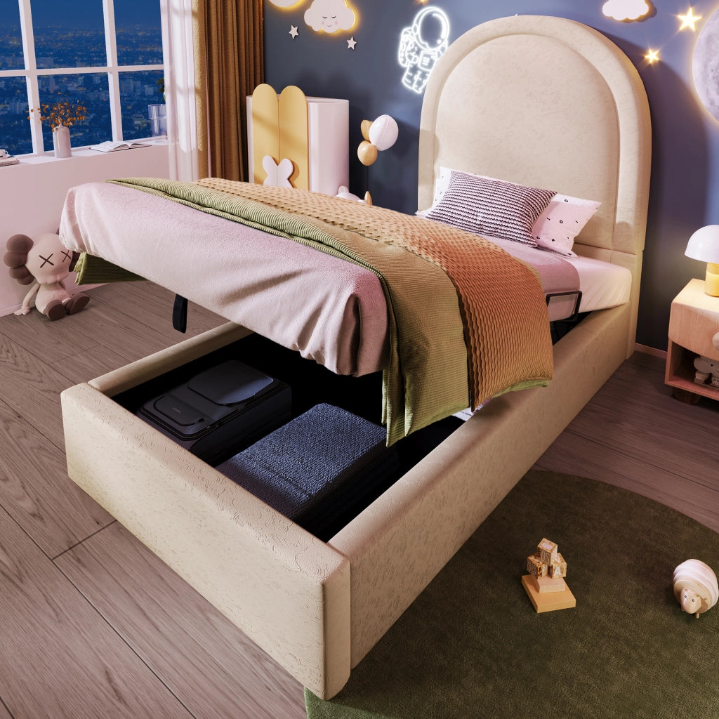 Letto imbottito singolo 90×200 cm con contenitore e rete sollevabile; materasso incluso; PU; beige