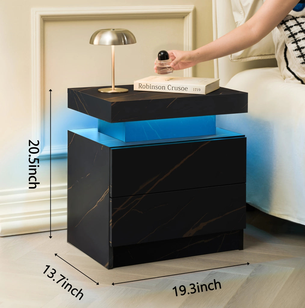 Comodino ULEVR con LED multicolore regolabile, 2 cassetti e vano aperto, nero e oro