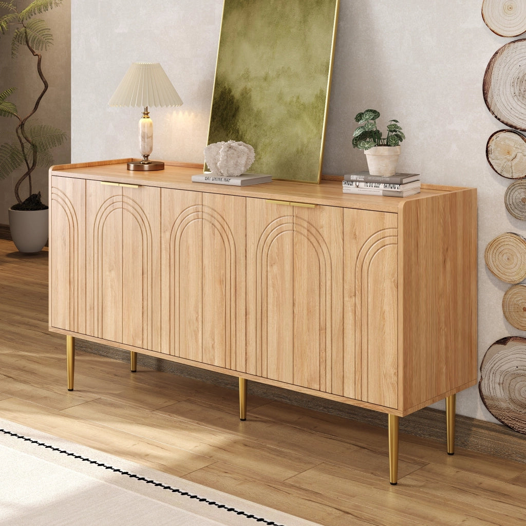 Madia a 4 ante con ripiani regolabili in MDF naturale e gambe in ferro dorato per soggiorno 140 × 38 × 75 cm