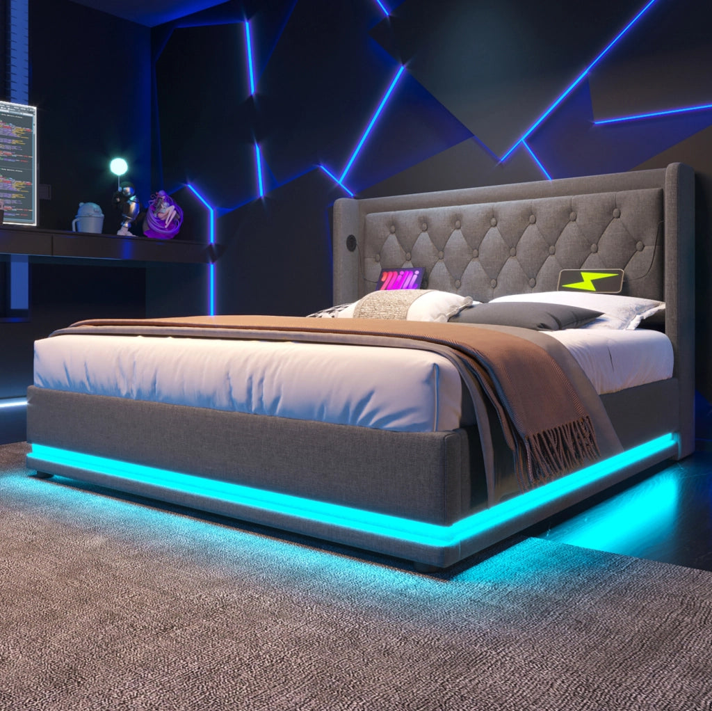 Letto matrimoniale imbottito 180 × 200 cm con contenitore idraulico; LED; USB e Type-C; cotone grigio
