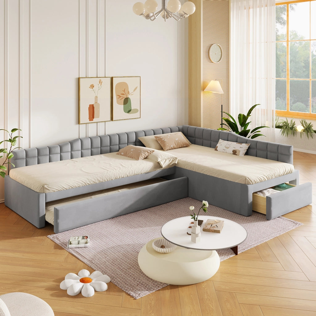 Letto imbottito a L 90x200 cm in velluto grigio con letto estraibile