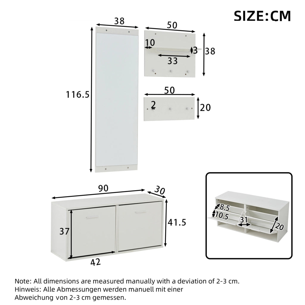 Set guardaroba da ingresso 4 pezzi con specchio e scarpiera; bianco