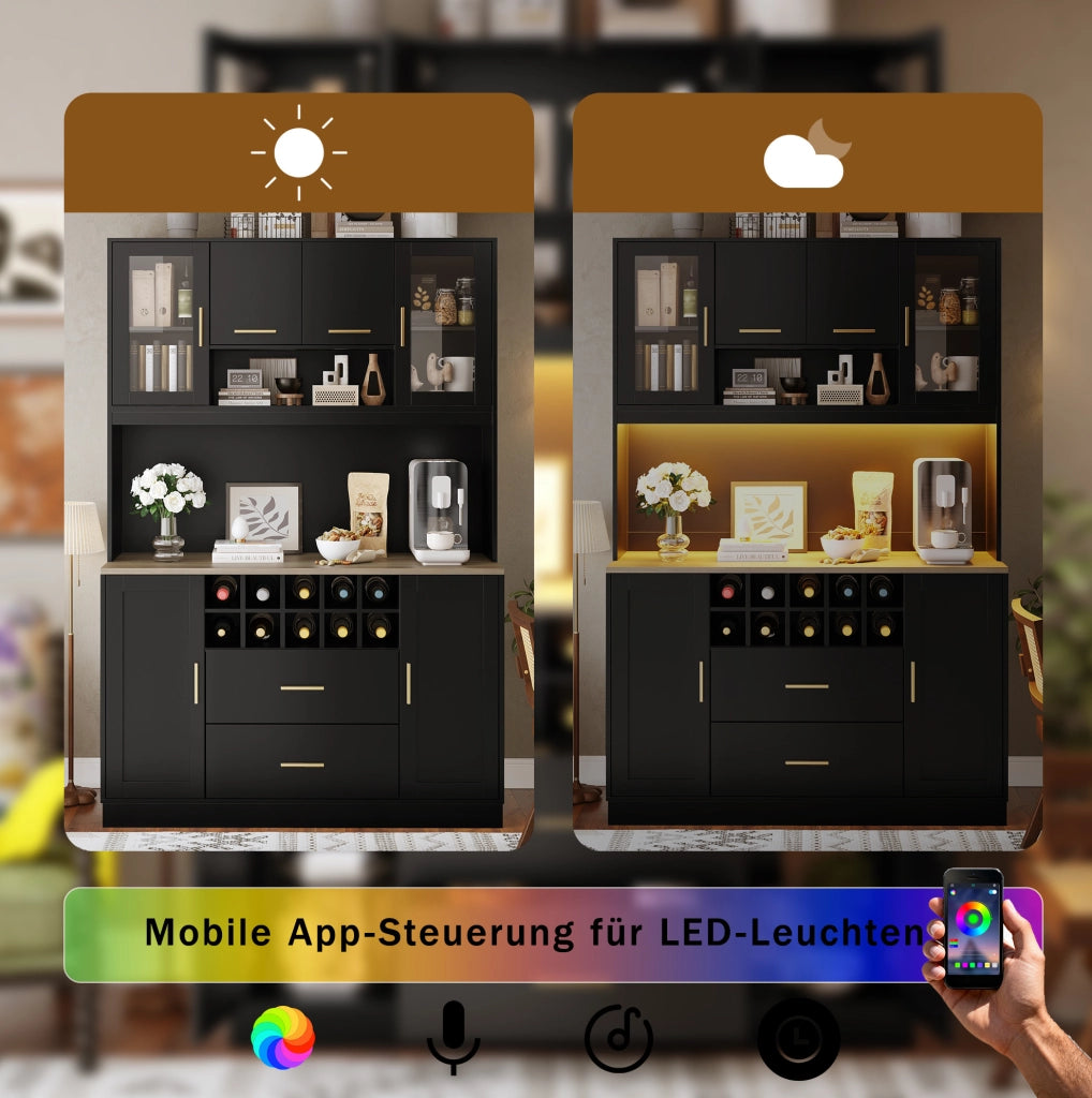 CREDENZA 120x36,3x180 cm nera in MDF e metallo con LED e prese