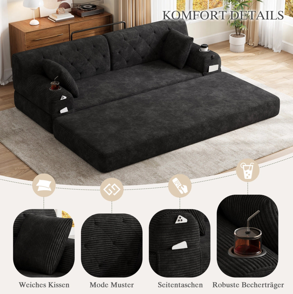 Divano Letto 3 Posti in Corduroy Nero con Schienale Alto, Struttura in Metallo, 4 Tasche Laterali e 2 Portabicchieri - Ideale per Soggiorno e Spazi Ridotti