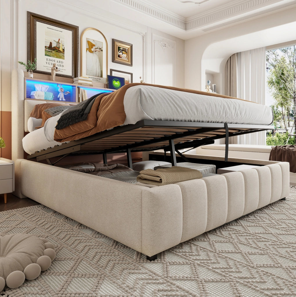 Letto imbottito 180x200 cm con LED; USB e Type-C; contenitore idraulico; beige in lino