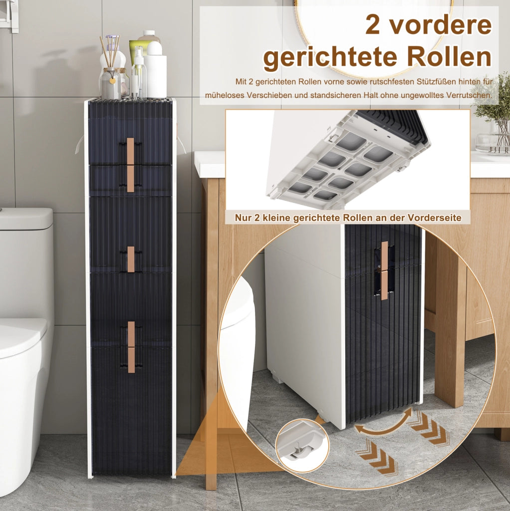 Mobile contenitore stretto in PP bianco con 4 cassetti; 2 coperchi e ruote
