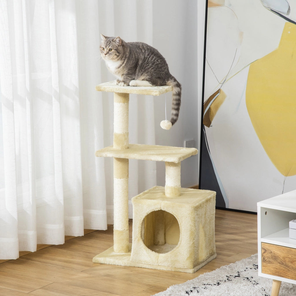 Albero Tiragraffi con Cuccia per Gatti in Legno Sisal 50x30x80 cm  Beige