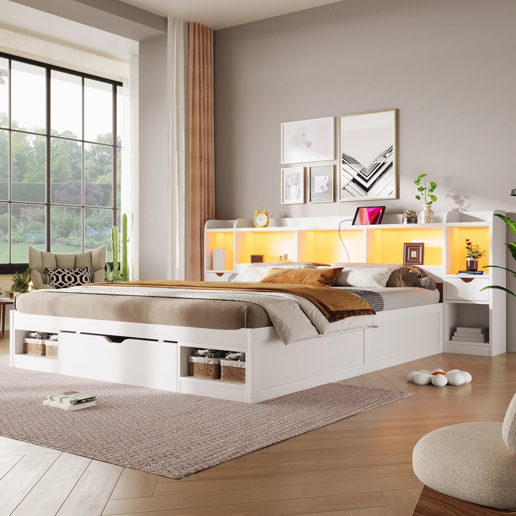 Letto contenitore 180x200 cm bianco con testiera a libreria, LED e porta USB