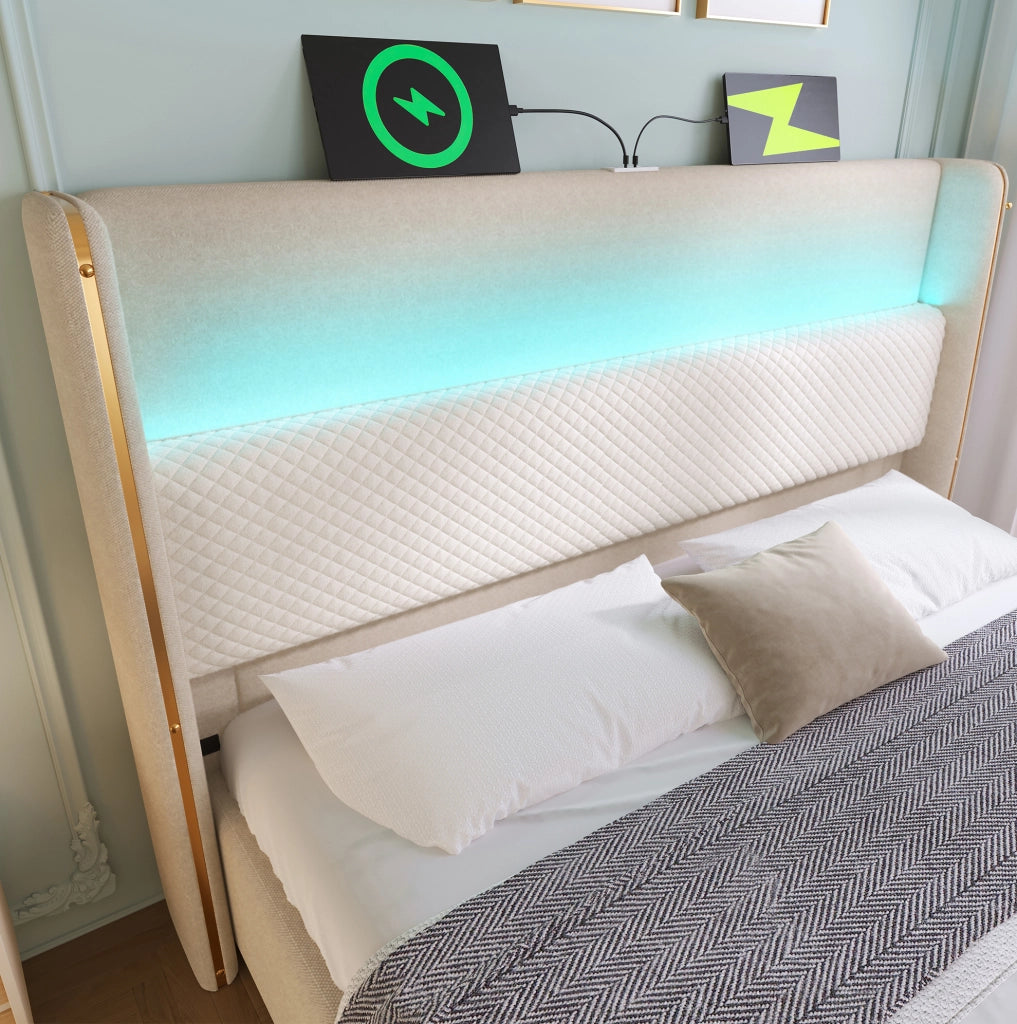 Letto contenitore 160x200 cm beige con LED, USB e Type-C