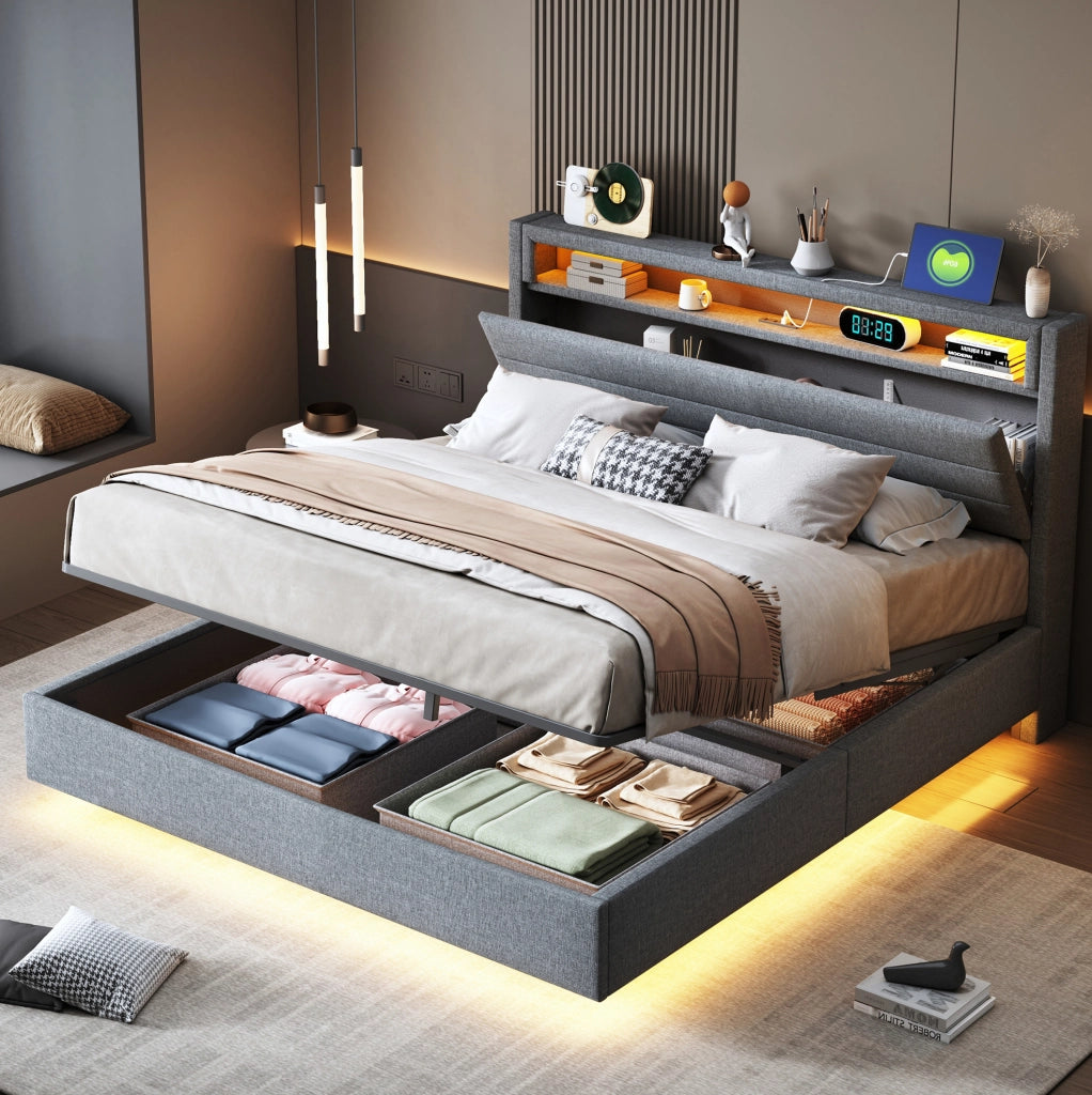 Letto imbottito 140x200 cm con contenitore idraulico, USB e LED in lino grigio