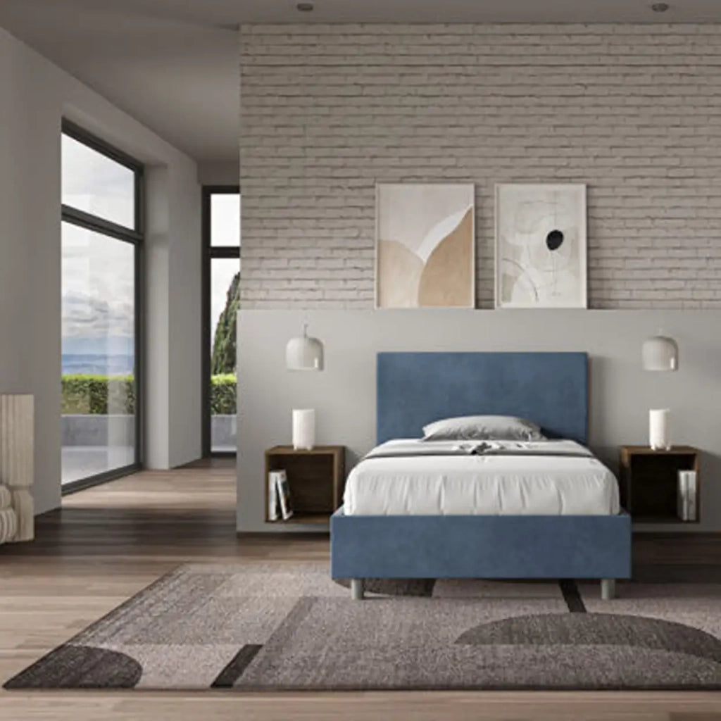 Letto una piazza e mezza con rete imbottito 120x210 microfibra blu Adele