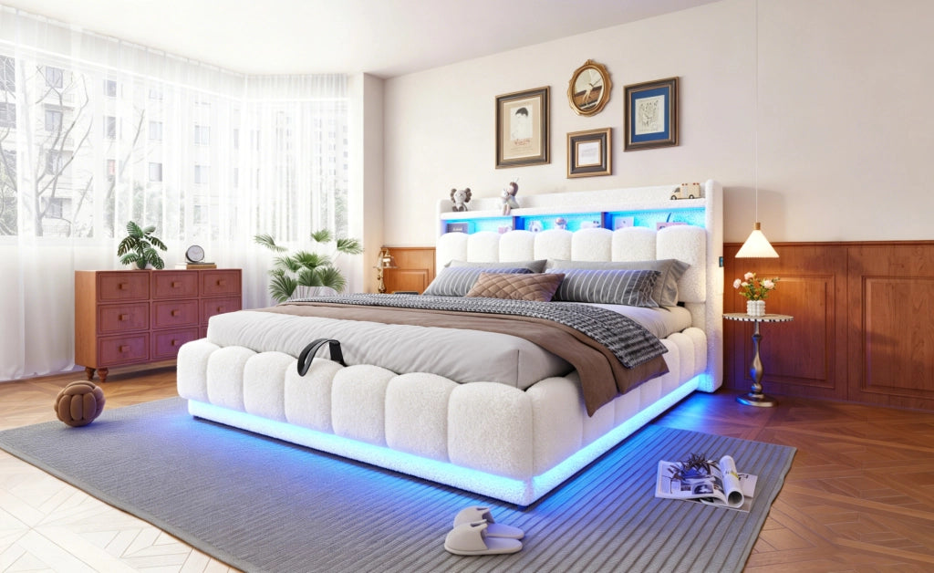 Letto imbottito 180x200 cm con contenitore idraulico, rivestimento in lana d'agnello bianco, luci LED integrate e porte USB, struttura in metallo