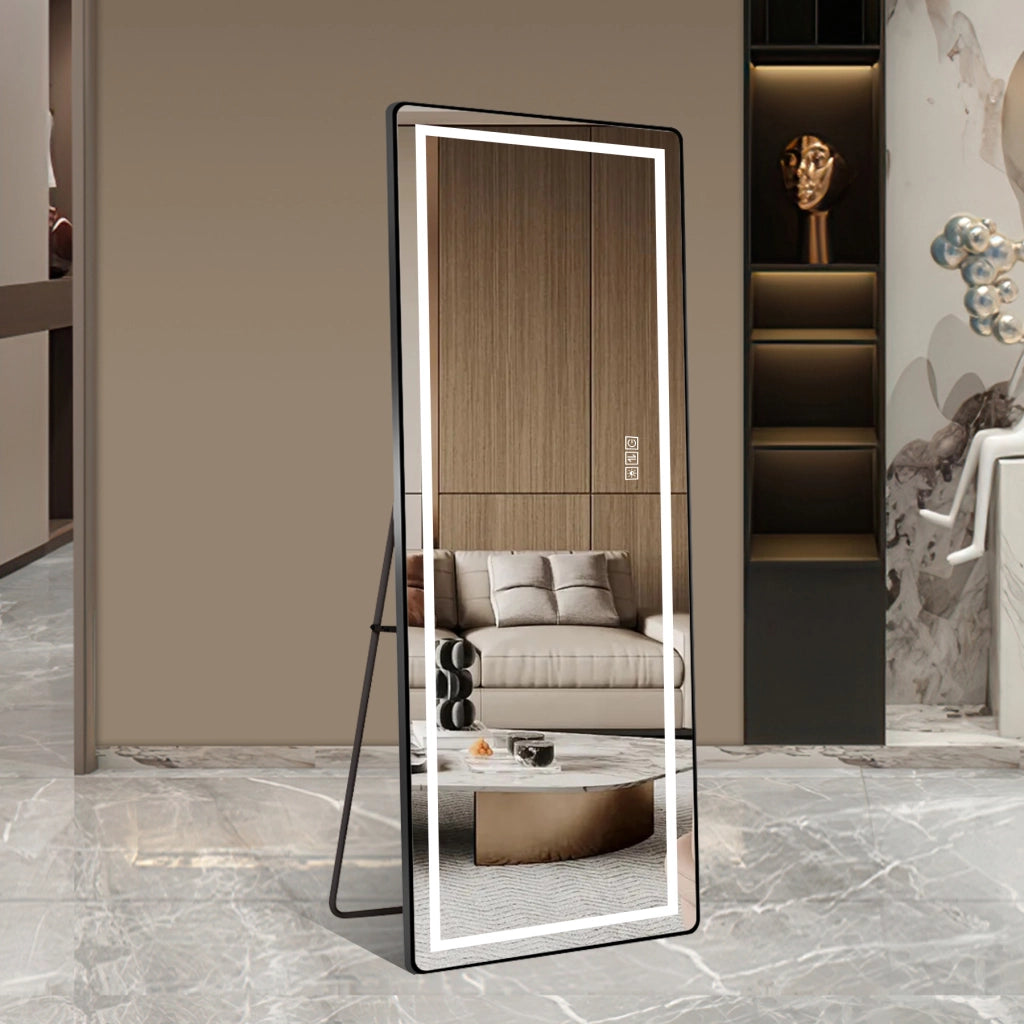 Specchio a figura intera con LED dimmerabile a 3 colori; cornice sottile in alluminio nero e argento; da parete