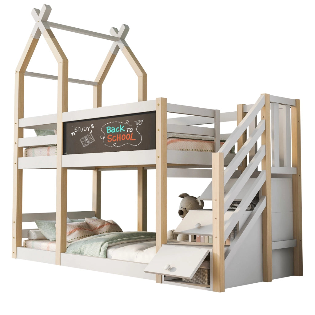 Letto a soppalco per bambini 90x200 con scala contenitore e lavagna
