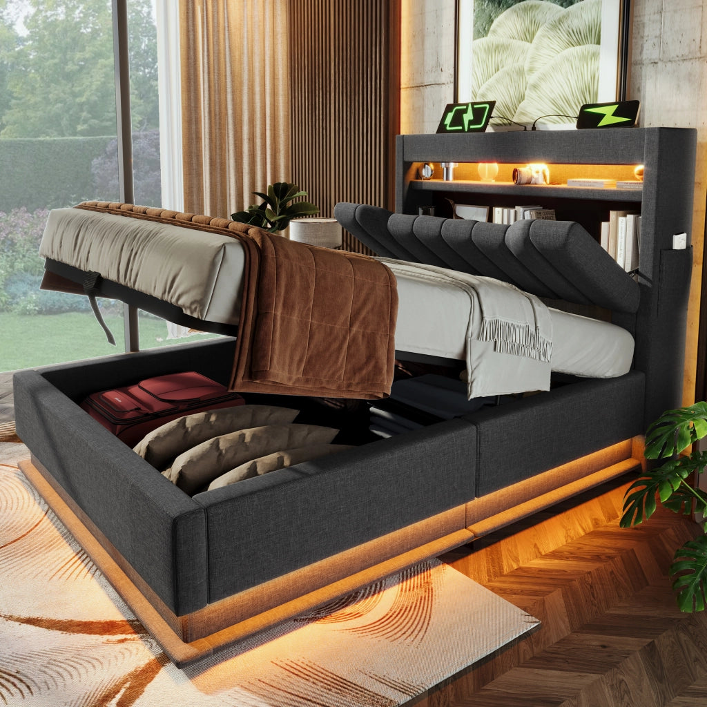 Letto singolo 90x200 cm grigio con contenitore e luci LED