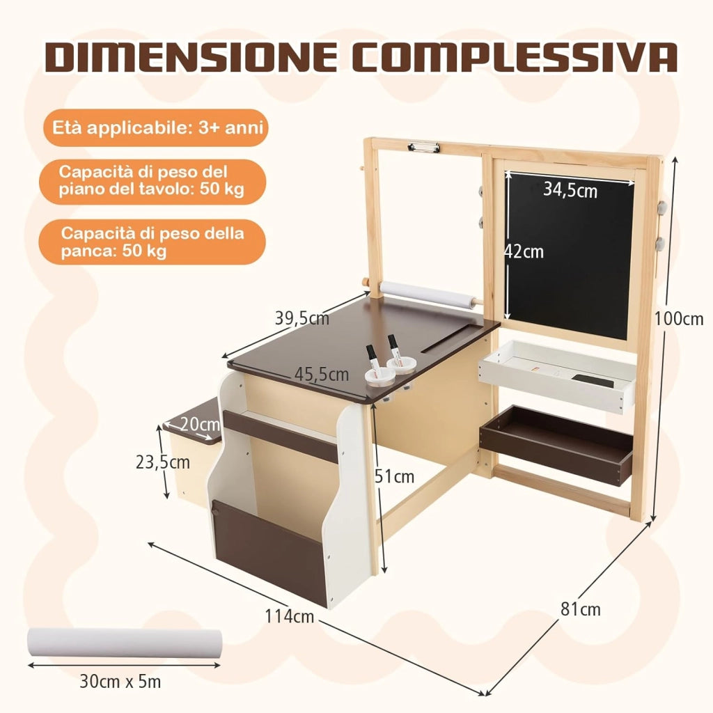Set 3 in 1 Tavolo e Sedie per Bambini 3+ Anni, Tavolo in Legno Sicuro con Lavagna Cancellabile, Magnetica, Cavalletto Regolabile, Libreria e Accessori Artistici, per Disegno (Caffè)