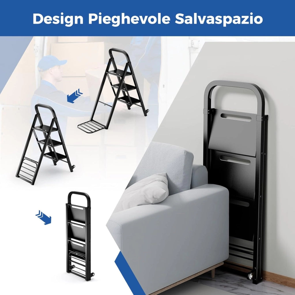 Scala a 3 Gradini Pieghevole con Ruote, 2 in 1 Scala e Carrello a Mano, Carrello a Mano con Ampie Pedane, Carrello Portapacchi a Scala in Metallo, Carico Massimo 250 kg