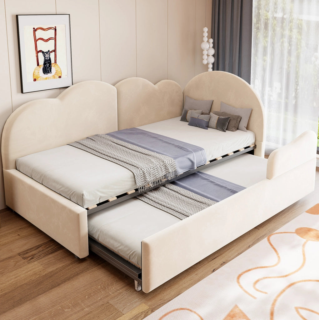 Divano letto imbottito a L con letto estraibile 90x200 cm; velluto beige