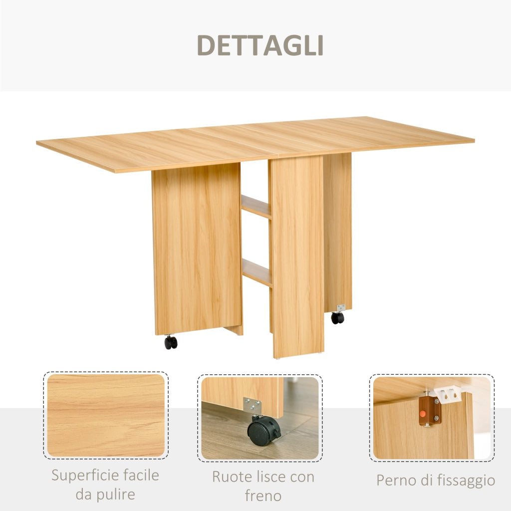 Tavolo Pieghevole con Ruote, Tavolo da Pranzo di Design, Richiudibile Salvaspazio, Design Moderno, con Ruote, Ripiani Portaoggetti, 140 ¡Á 80 ¡Á 74cm, Legno