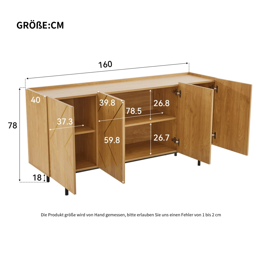 Credenza con 4 ante e ripiani regolabili; con sicura antiribaltamento - per soggiorno - in truciolare - 160×40×78 cm - naturale