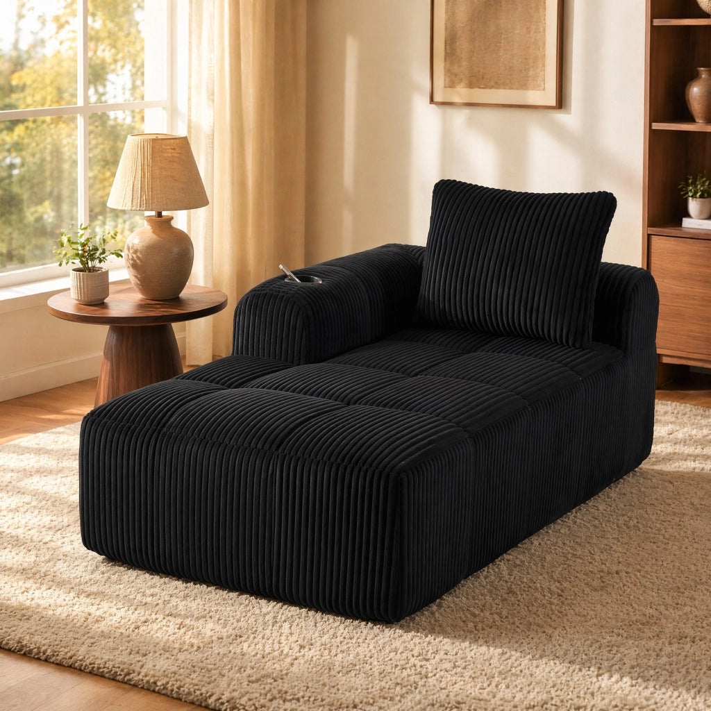 Divano compatto 158x93x61 cm con tasche laterali e portabevande; tessuto a coste nero; portata 200 kg