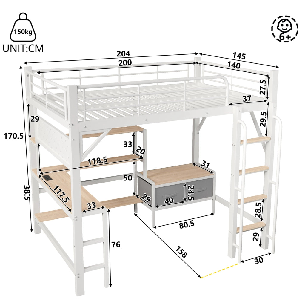 Letto a soppalco 140x200 cm con scrivania, scaffali, LED e USB bianco