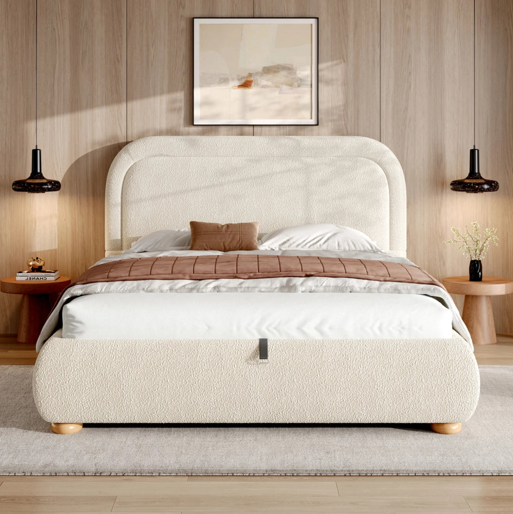 Letto imbottito con contenitore idraulico e rete a doghe; bouclé beige; 216 × 157 × 97 cm