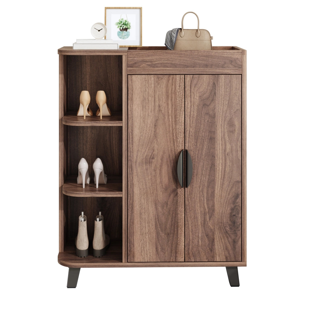 Schmaler Schuhschrank mit Doppeltüren und offenen Fächern, Nussbaumoptik, 80x32x99 cm, platzsparend für Flur und kleine Räume