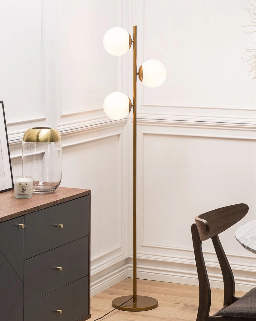 Lampada da Terra in Metallo dorato 3 punti luce Tonalità Bianche Rotonde design moderno contemporaneo