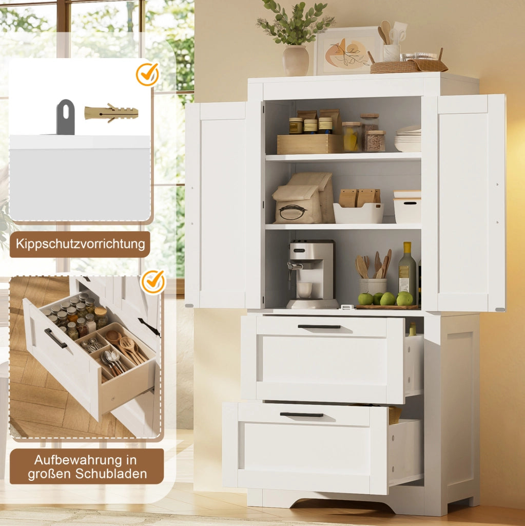 Credenza alta stile fienile con 2 cassetti, bianca