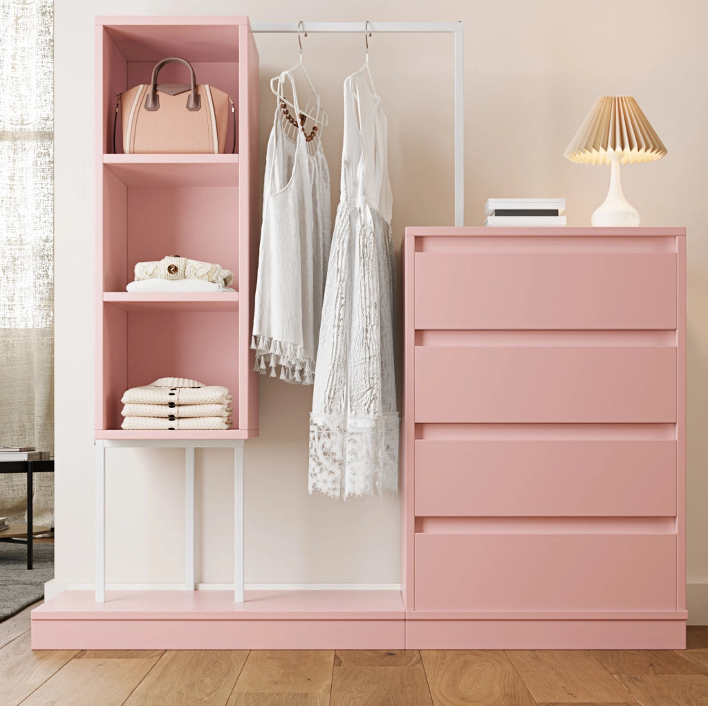 Mobile contenitore rosa con 4 cassetti; 3 ripiani aperti e barra appendiabiti