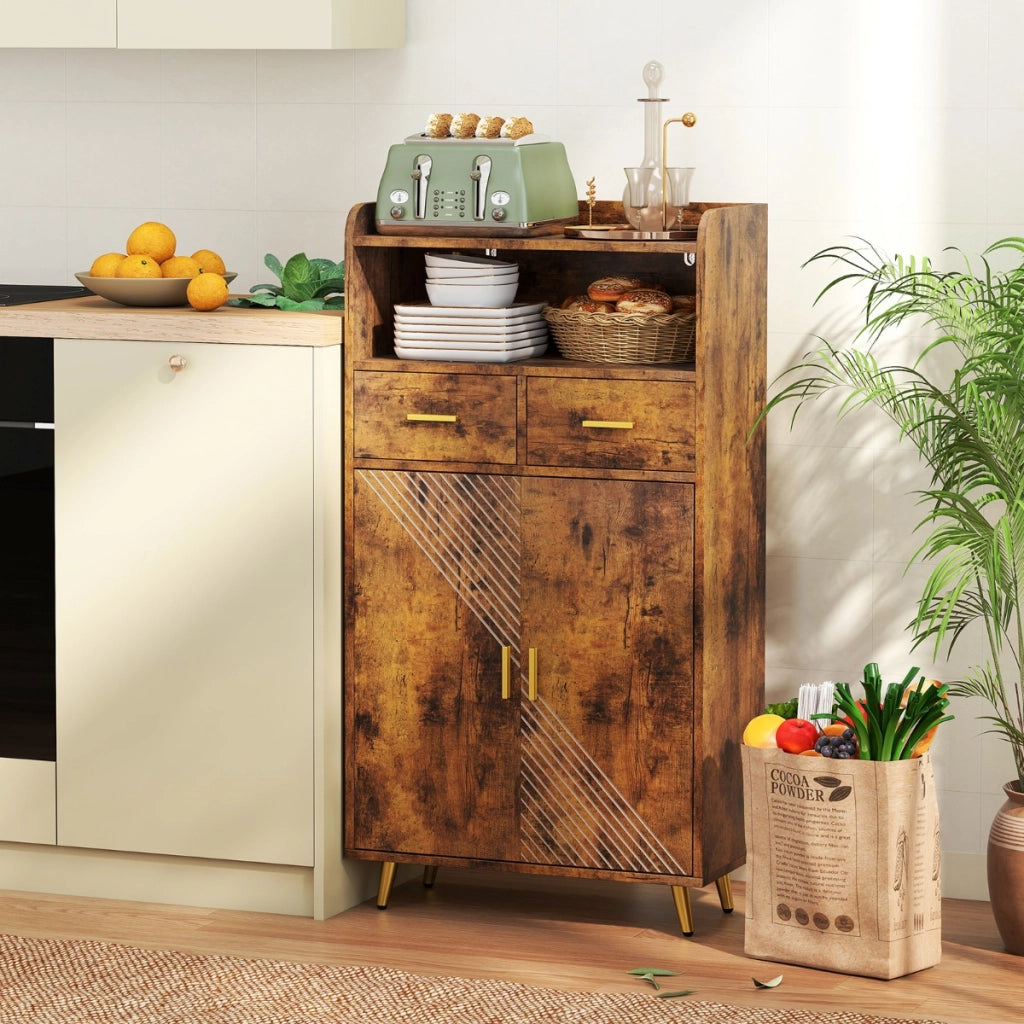 Mobile dispensa 113 cm con ante 2 cassetti e ripiano regolabile per bagno, Armadio da cucina sala da pranzo soggiorno Marrone-Credenze buffet