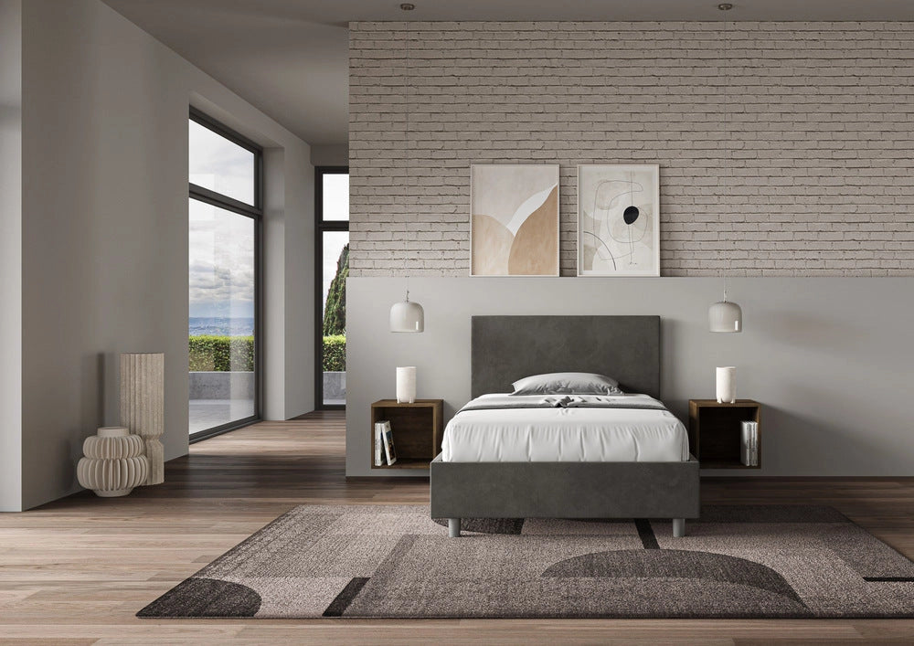 Letto Singolo 90x200 cm con Rete e Contenitore Adele Grigio