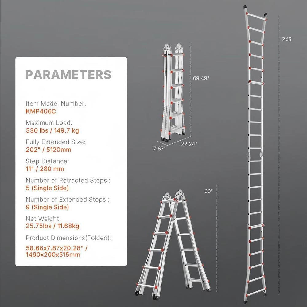 Telescopic Ladder With A-frame, 6230 Mm Compact Aluminum Extension Ladder, Multi-purpose Ladder, Step Ladder, Leaning Ladder, Folding Ladder For Homework, Stairs, Indoor And Outdoor Roofs, 150 Kg Load Capacity