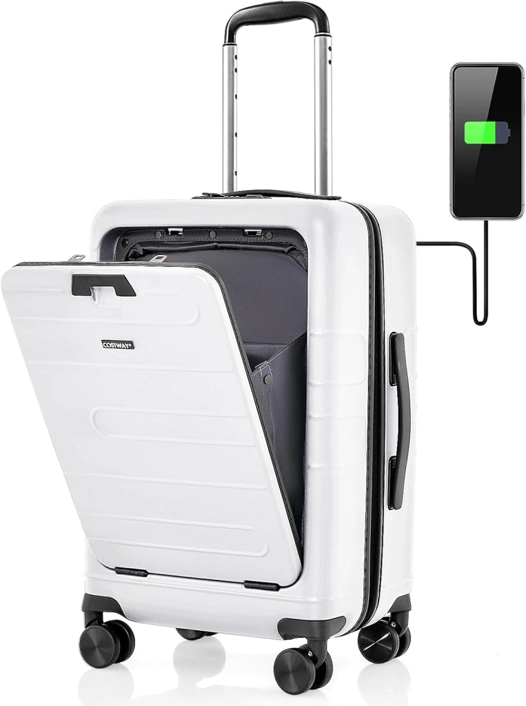 Valigia Bagaglio da 20" con Tasca Frontale, Porta USB, Tavolino Pieghevole, Valigia con Serratura, Ruote Girevoli, Manico Regolabile, Trolley Valigia Rigida Bagaglio da Viaggio (Bianco)
