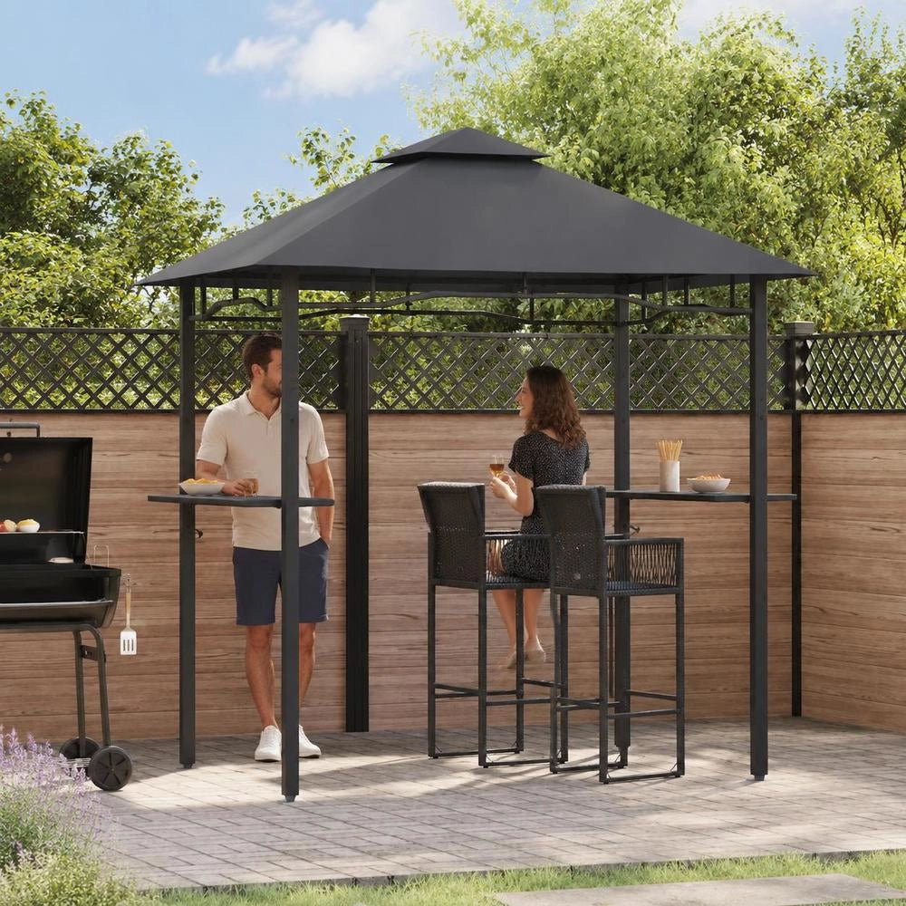 Grill Gazebo With Double Layer Roof And Bar Counters, Steel Frame Outdoor Shelter For Garden Patio Balcony, 240x150x255 Cm