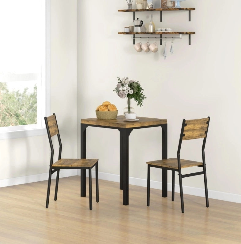 Set pranzo 3 pezzi marrone rustico con 1 tavolo e 2 sedie in MDF e metallo