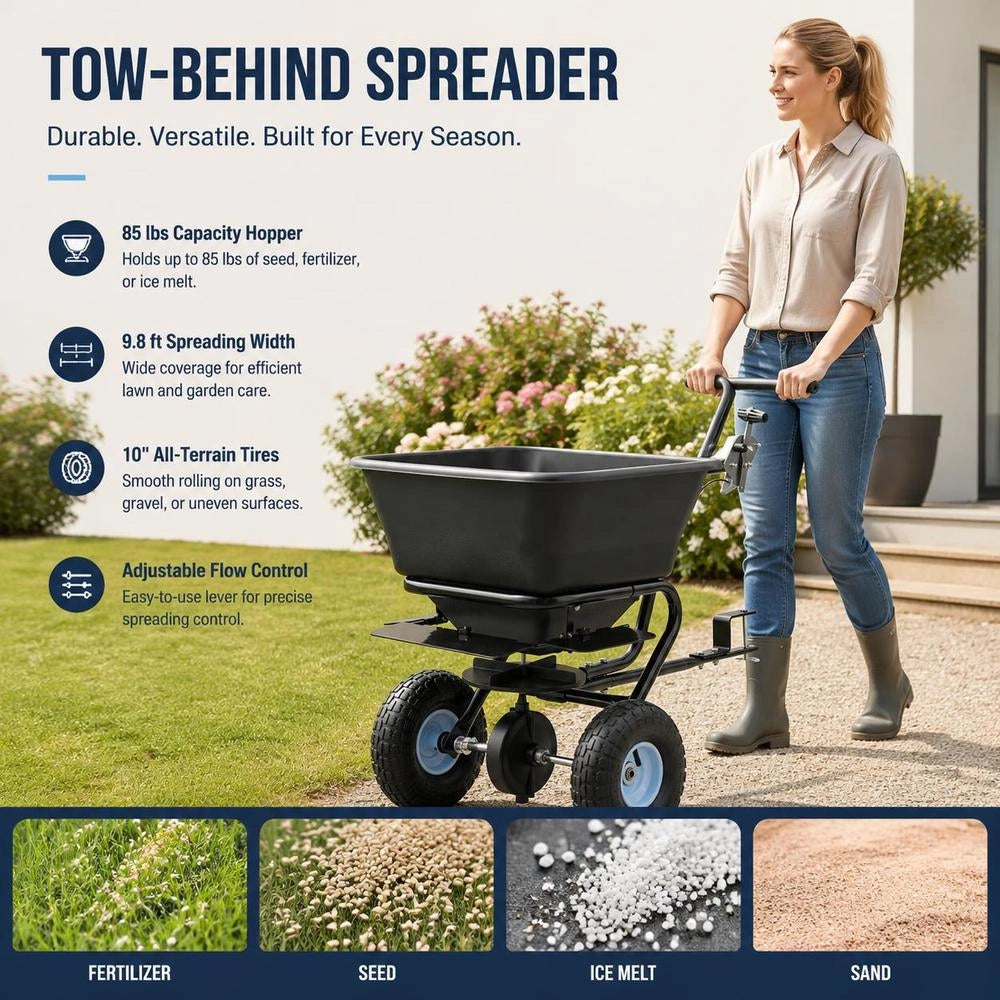 Tow-Behind Spreader, 9.8 Ft Spreading Width, Broadcast Spreader With 10" All-Terrain Tires, 85 Lbs Capacity Hopper, Adjustable Flow Control, Lawn Spreaders For Seed Fertilizer Ice Melt