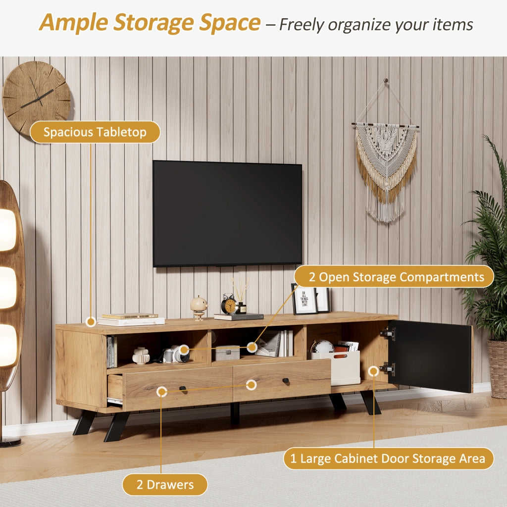 Mobile porta TV con 2 cassetti, 1 armadietto e 2 vani aperti in truciolare legno naturale e nero 150 × 38 × 44 cm
