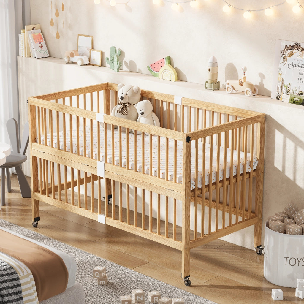 Culla co-sleeping trasformabile con rete regolabile 4 livelli sponda ribaltabile ruote removibili in legno naturale