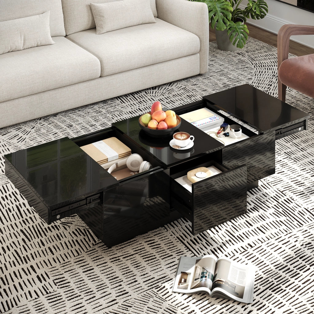 Tavolino da caff¨¨ moderno nero lucido con cassetti e scomparto scorrevole ¨C Tavolino rettangolare da soggiorno con ampio spazio contenitivo, design