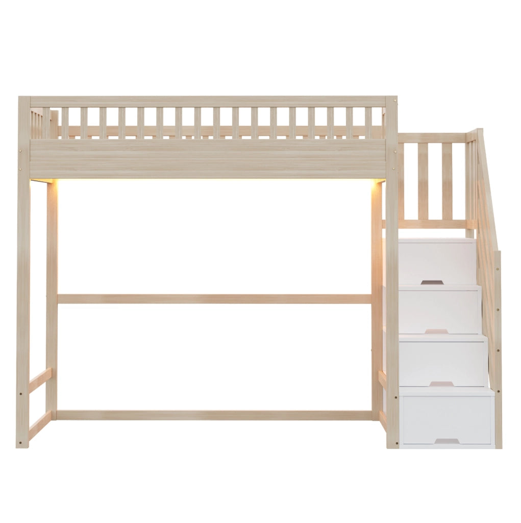 Letto a soppalco 90x200 cm con scala contenitore reversibile e LED in pino, compensato e MDF