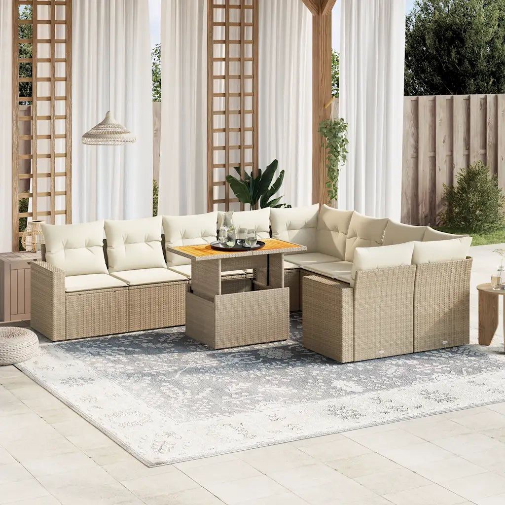 Set Divano da Giardino 10 pz con Cuscini Beige in Polyrattan