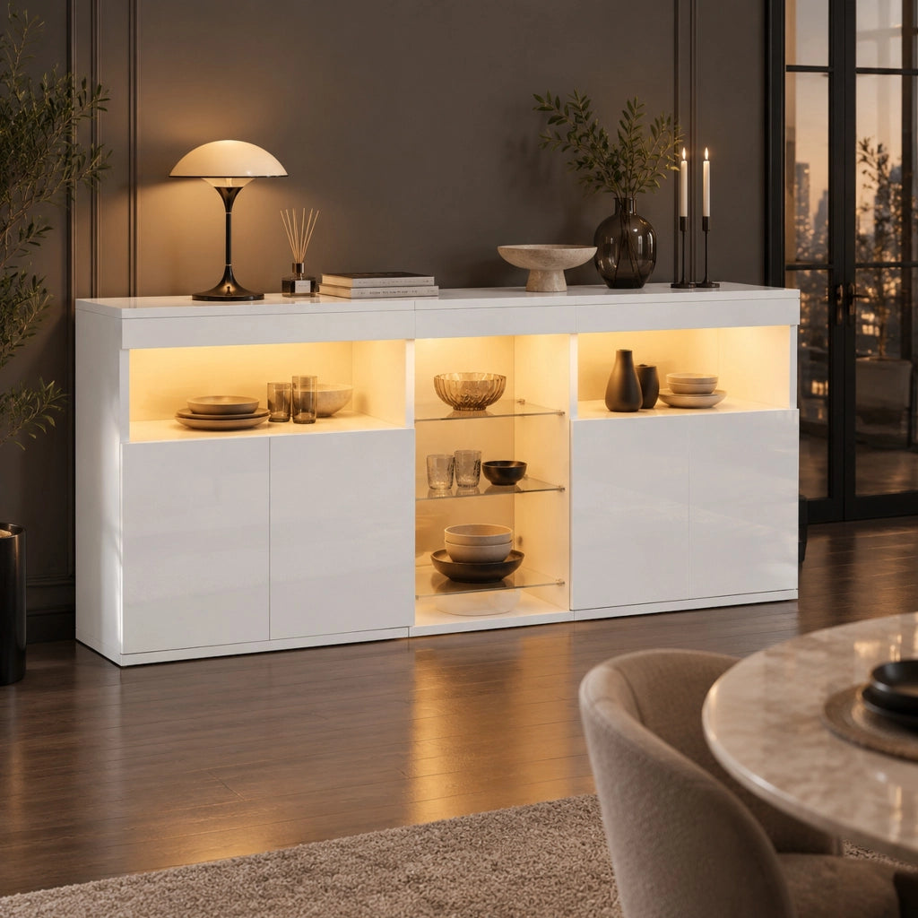 Madia da soggiorno con 3 ante; vano aperto; ripiani in vetro e LED controllati tramite app bianca 155.5 × 35 × 72 cm