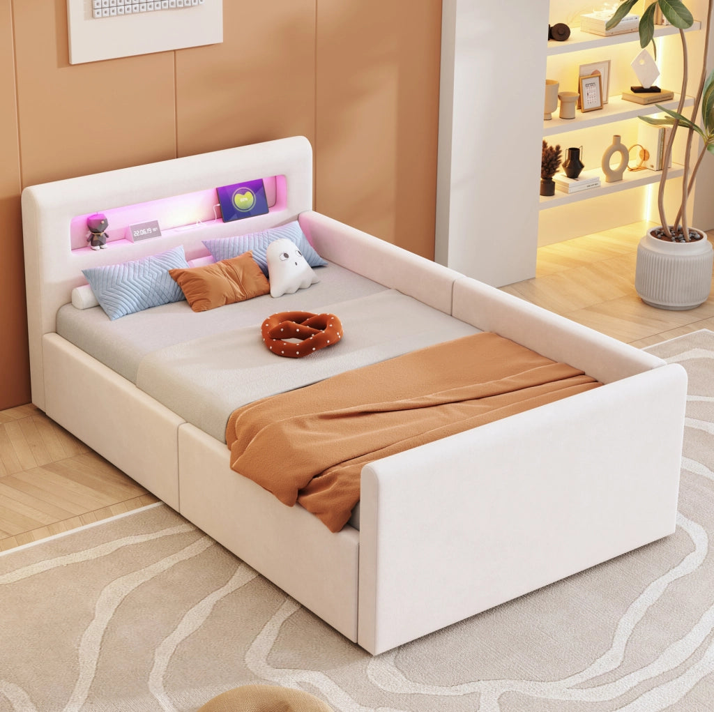 Letto imbottito per bambini 90 x 200 cm in velluto beige con LED; USB e contenitore