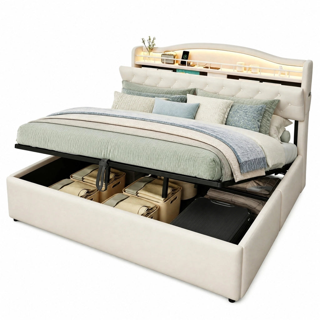 Letto matrimoniale 180 × 200 cm con contenitore idraulico in velluto beige LED USB e USB-C