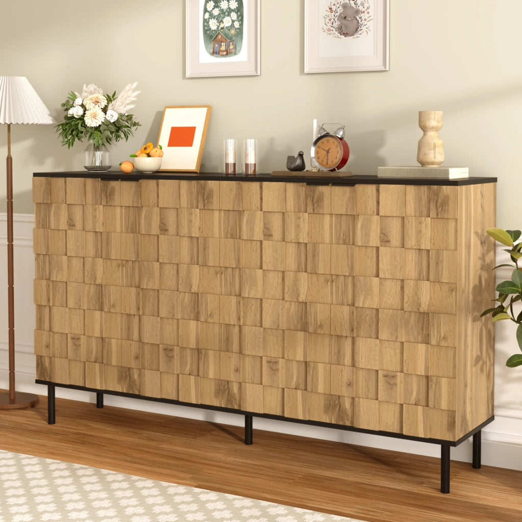 Sideboard con ante mosaico; 160 x 35 x 80;5 cm; in truciolare effetto legno naturale con piedi in metallo nero