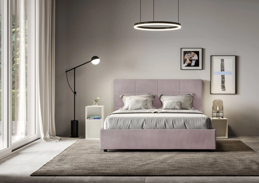 BS COM Letto queen size contenitore imbottito 150x210 microfibra glicine